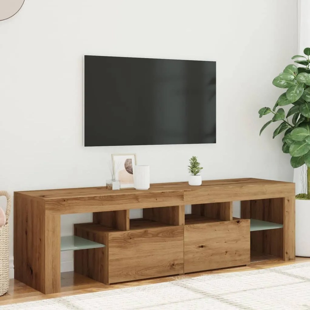 kézműves tölgy szerelt fa TV-szekrény LED-ekkel 140x36,5x40 cm