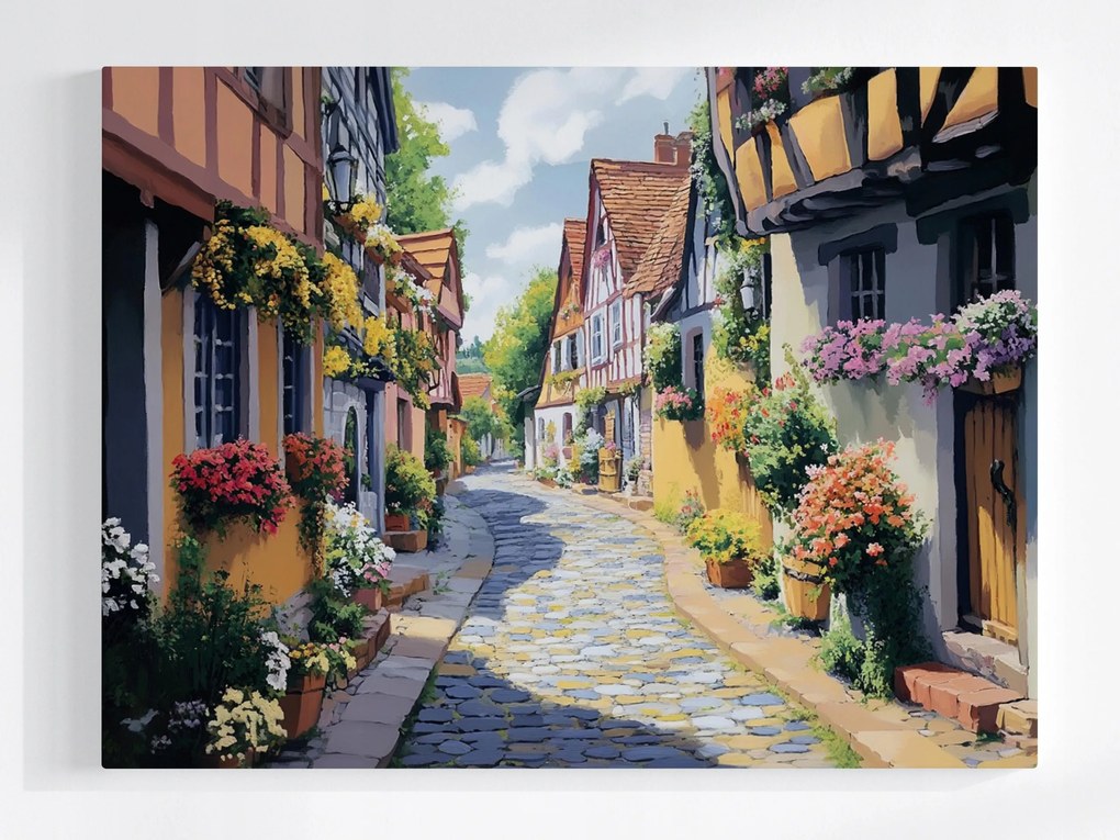 Vászonkép Canvas Város Sakkházak Macskaköves Utca Virágok 80x60
