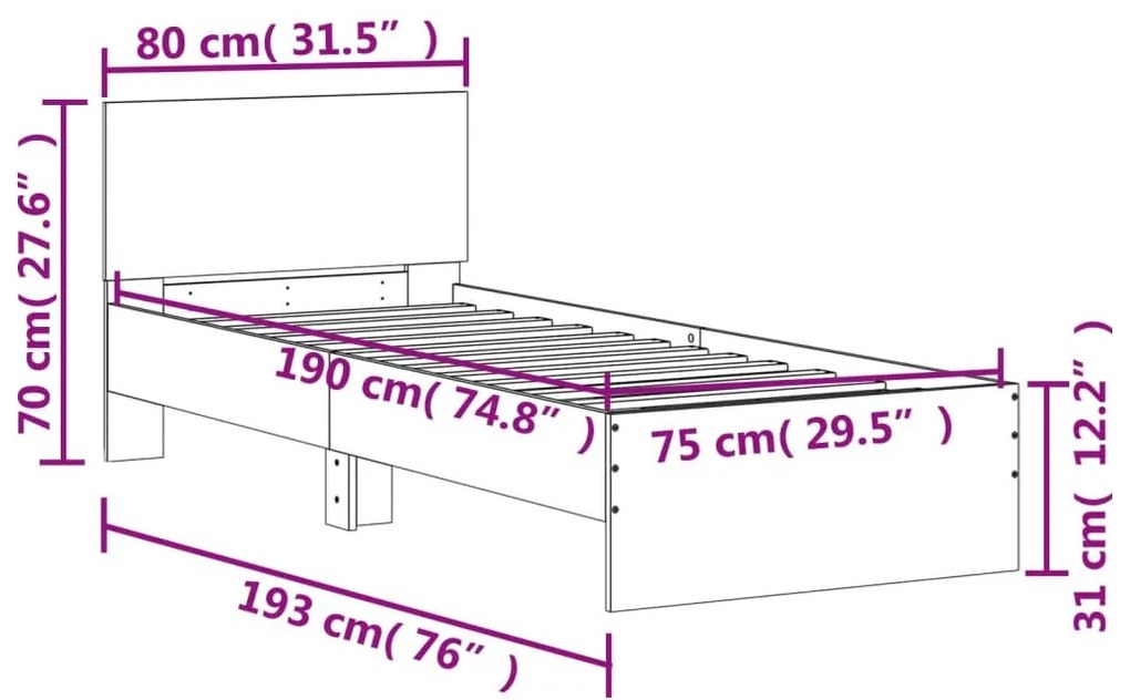 barna tölgy színű fejtámlás ágykeret matrac nélkül 75 x 190 cm