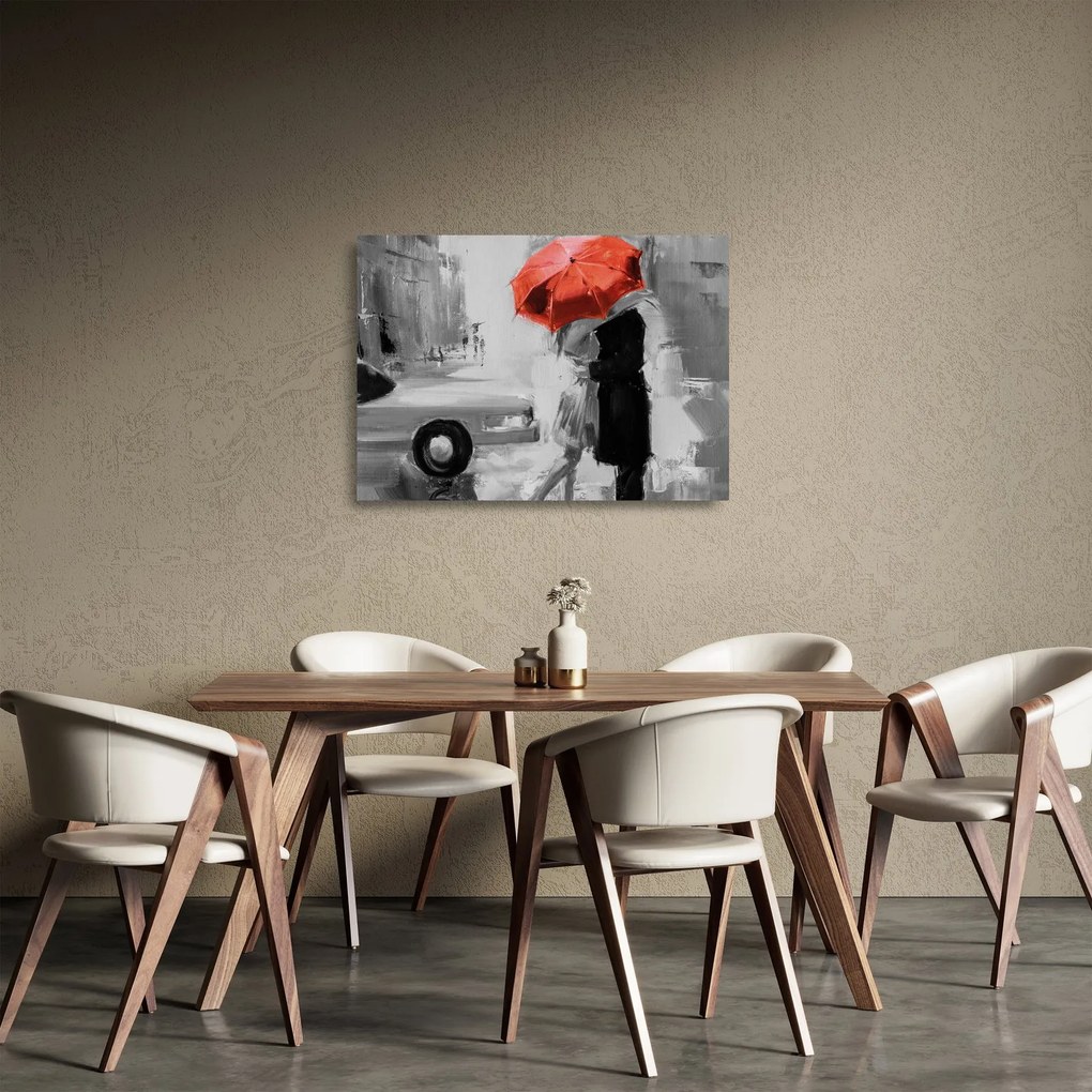Üveg kép - Szerelmespár egy esernyő alatt, piros (70x50 cm)