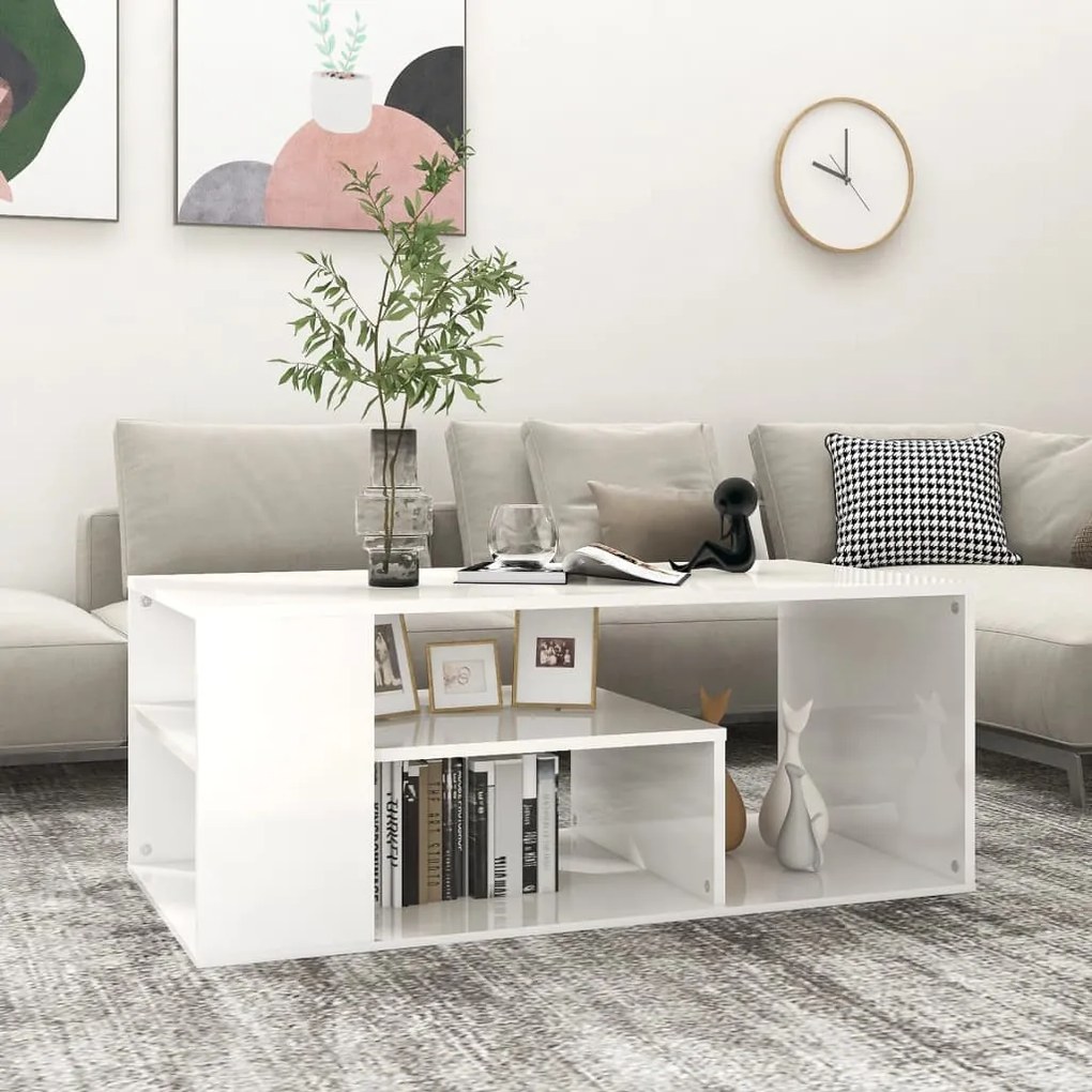Fehér magasfényű szerelt fa dohányzóasztal 100 x 50 x 40 cm