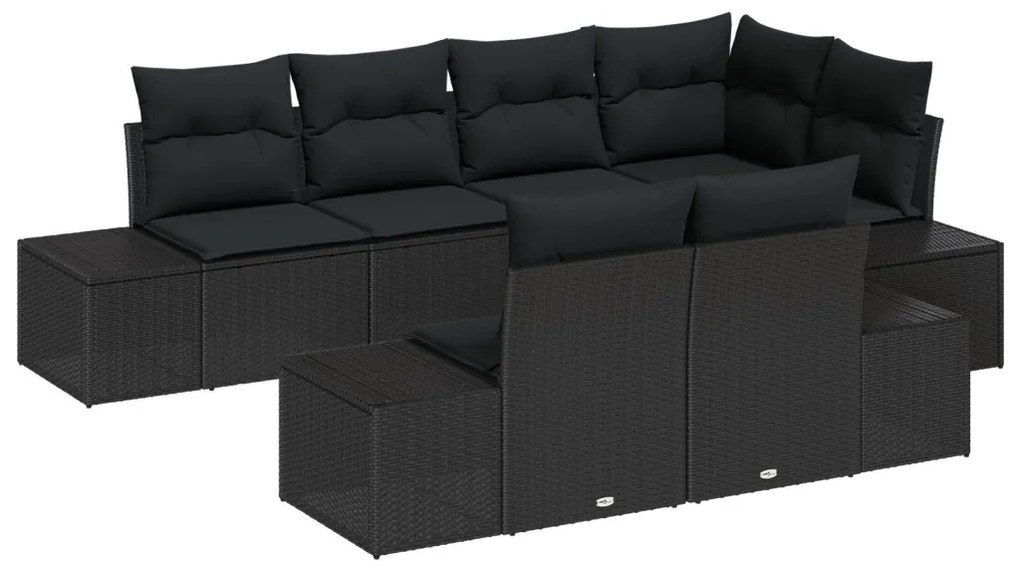 7 Darabos Kert Sofa Készlet Párnákkal Fekete Polirattan