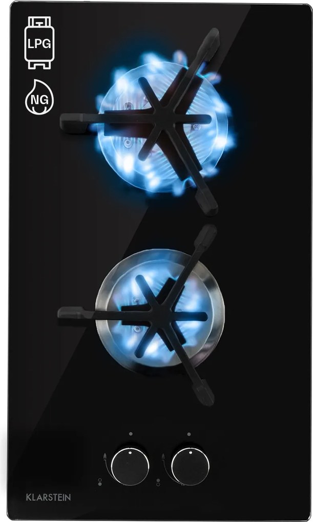 Klarstein Trifecta Domino, gázfőzőlap, 2 háromszögletű égő, üvegkerámia