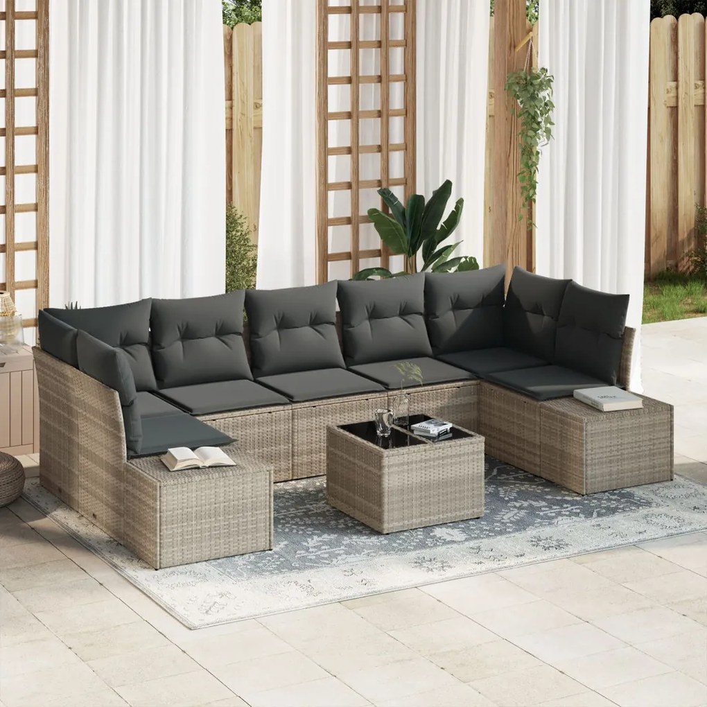 8 darabos kerti sofa készlet párnákkal világosszürke polirattan