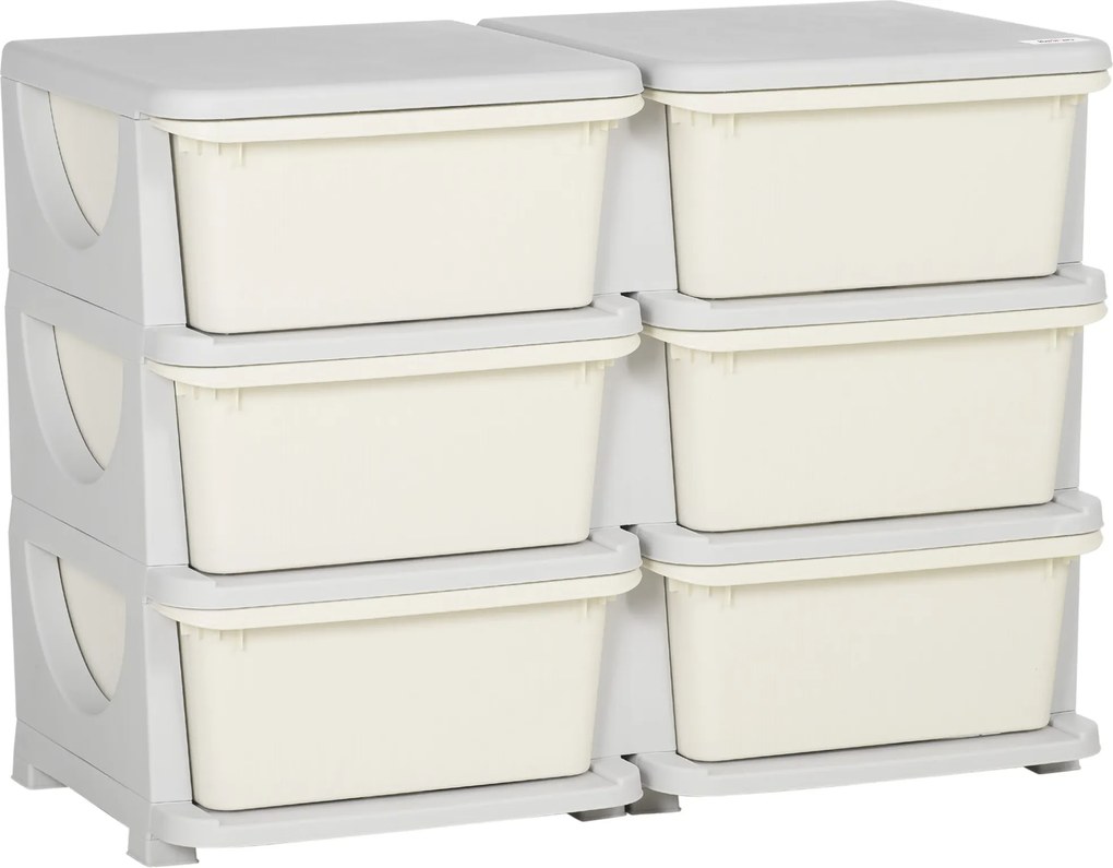 HOMCOM Gyerek Fiókos Szekrény Tárolóhelyiséggel Tárolódobozok Játék Szervező Játékdoboz Hat Szinten Gyerekszobába 3-6 Év Gyermekbútor Krémfehér 75 x 3