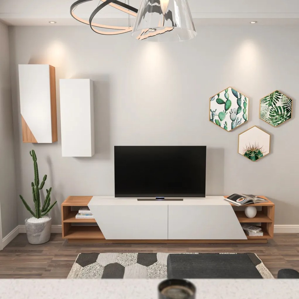 Zebra TV-állvány, fehér-teak, 240 cm