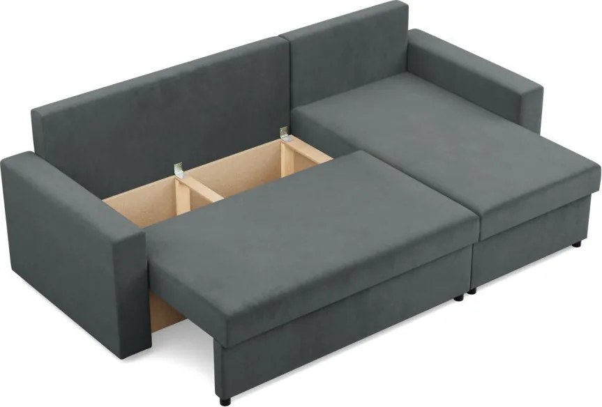 Zeus sarokkanapé, 1 ágyneműtartóval, egyenes kartámasz, bársony, univerzális oldal, bonell töltet, szürke