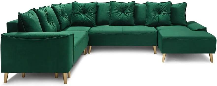 Panoramique XXL Hera zöld bársony kinyitható U alakú kanapé arany lábakkal, jobb oldali - Bobochic Paris