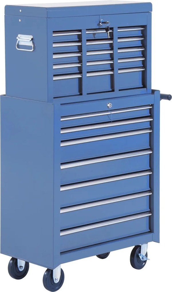 HOMCOM Műhely Kocsi Szerszámosládával, Zárható Szerszámkocsi Fiókokkal, Szerszámrekesszel, Kulcsokkal és Csúszásmentes Szőnyegekkel, Kék | Aosom