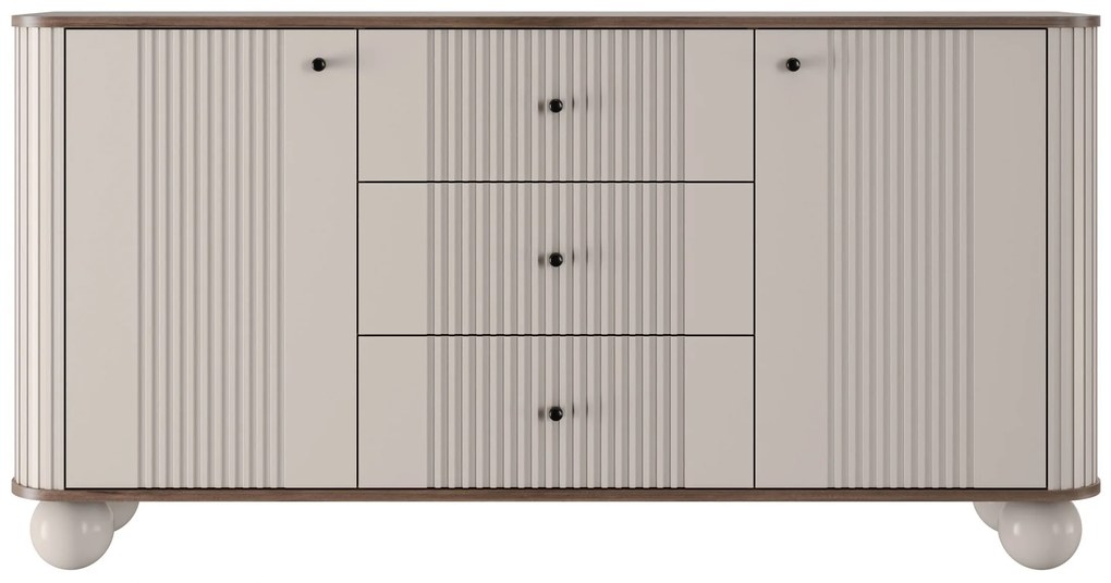 Vesper komód 160 cm fiókokkal gömb lábakon - kasmír / dió / fekete fogantyúk