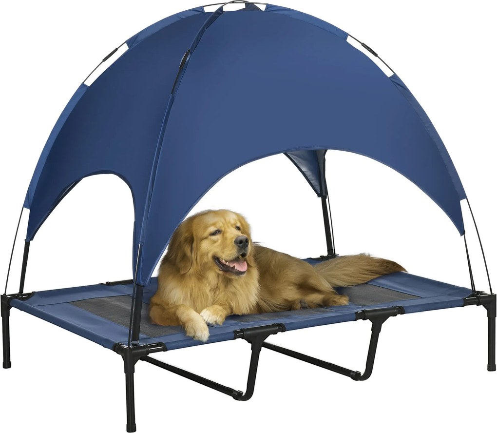 PawHut Magasított Kutyakád Napernyővel, Kutyafekhely, Kültéri Kutyafekvő Tetővel, Légáteresztő Taft Anyag, Kempingezéshez, Tengerészkék 122 x 92 x 108