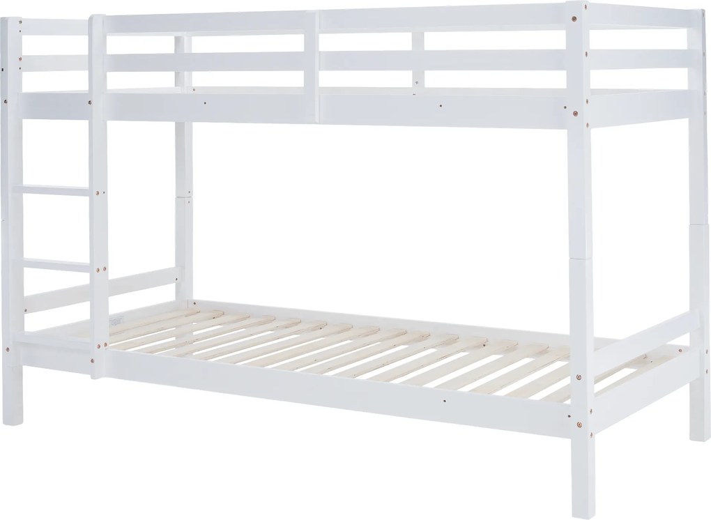 Emeletes ágy, 90x200, tömör fa, fehér, INEZA