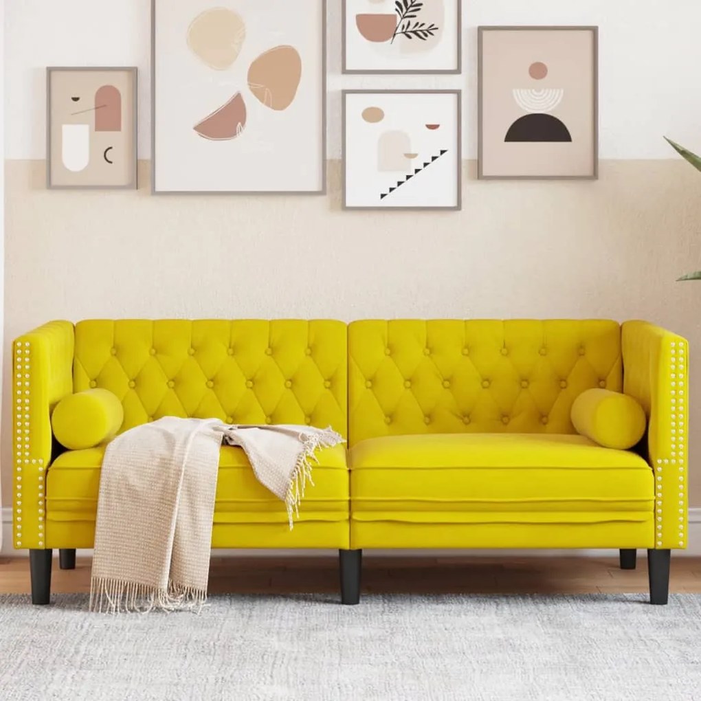 2 személyes sárga bársony Chesterfield kanapé hengerpárnákkal
