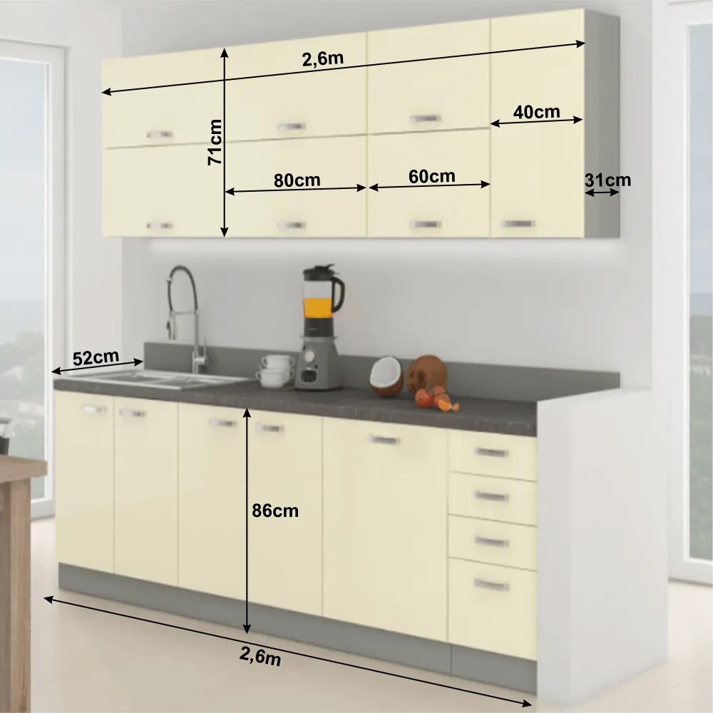 Konyhabútor, bézs extra magas fényű/szürke, PRADO