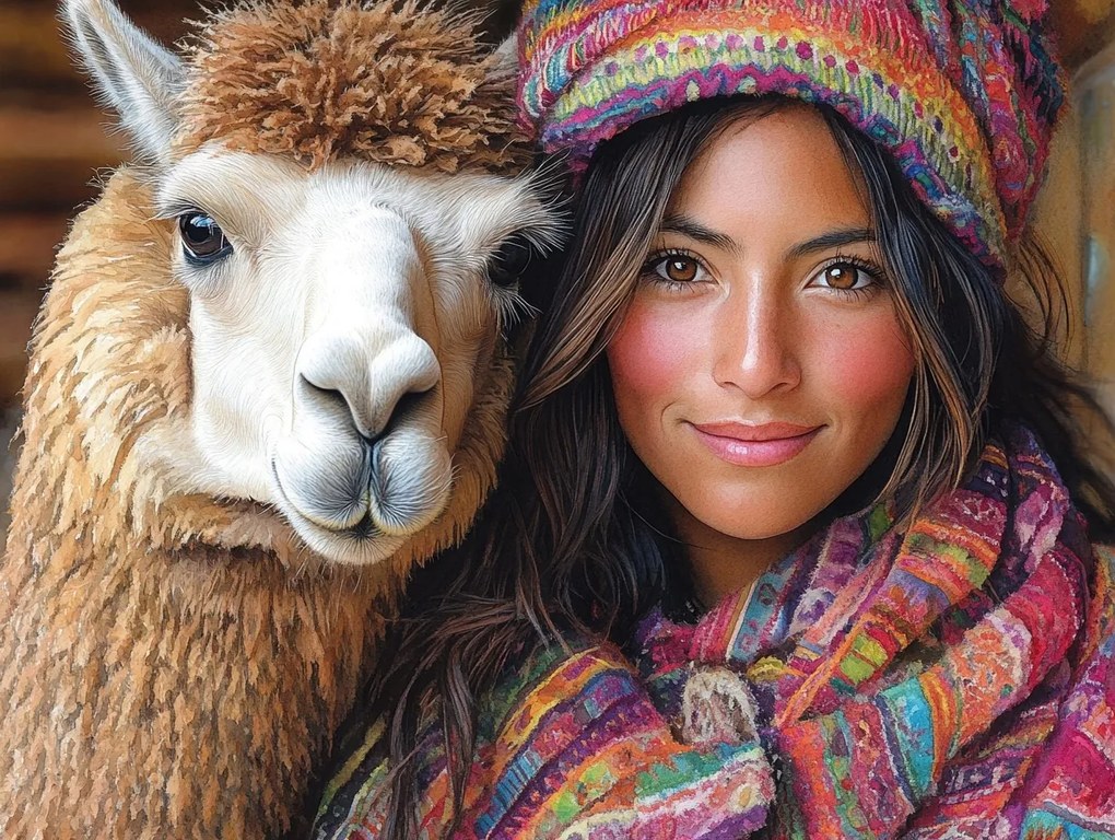 Canvas Vászonkép Portré Alpakával Boho Etno Lány 100x75