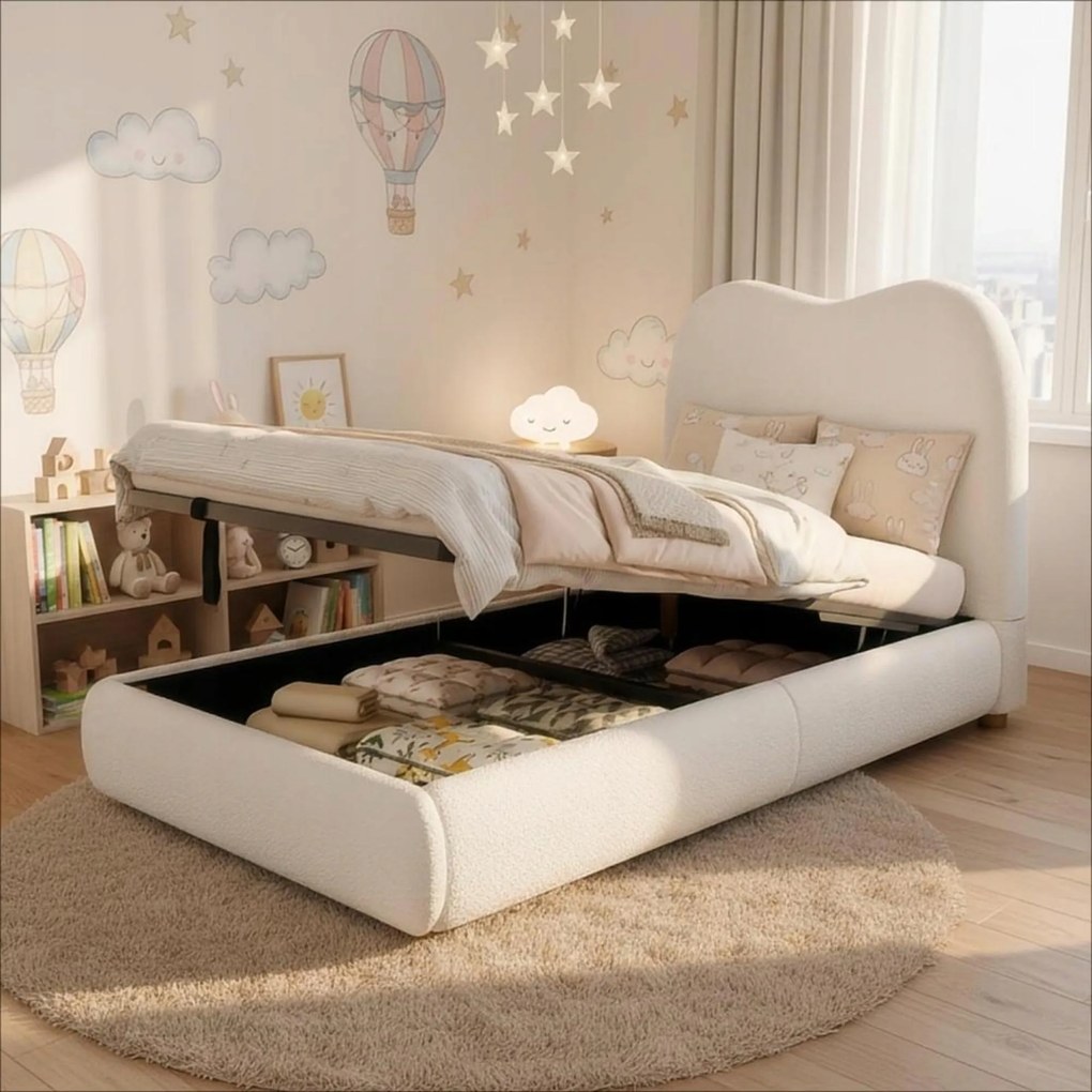 Kárpitozott gyerekágy, hidraulikus 90x200 fehér