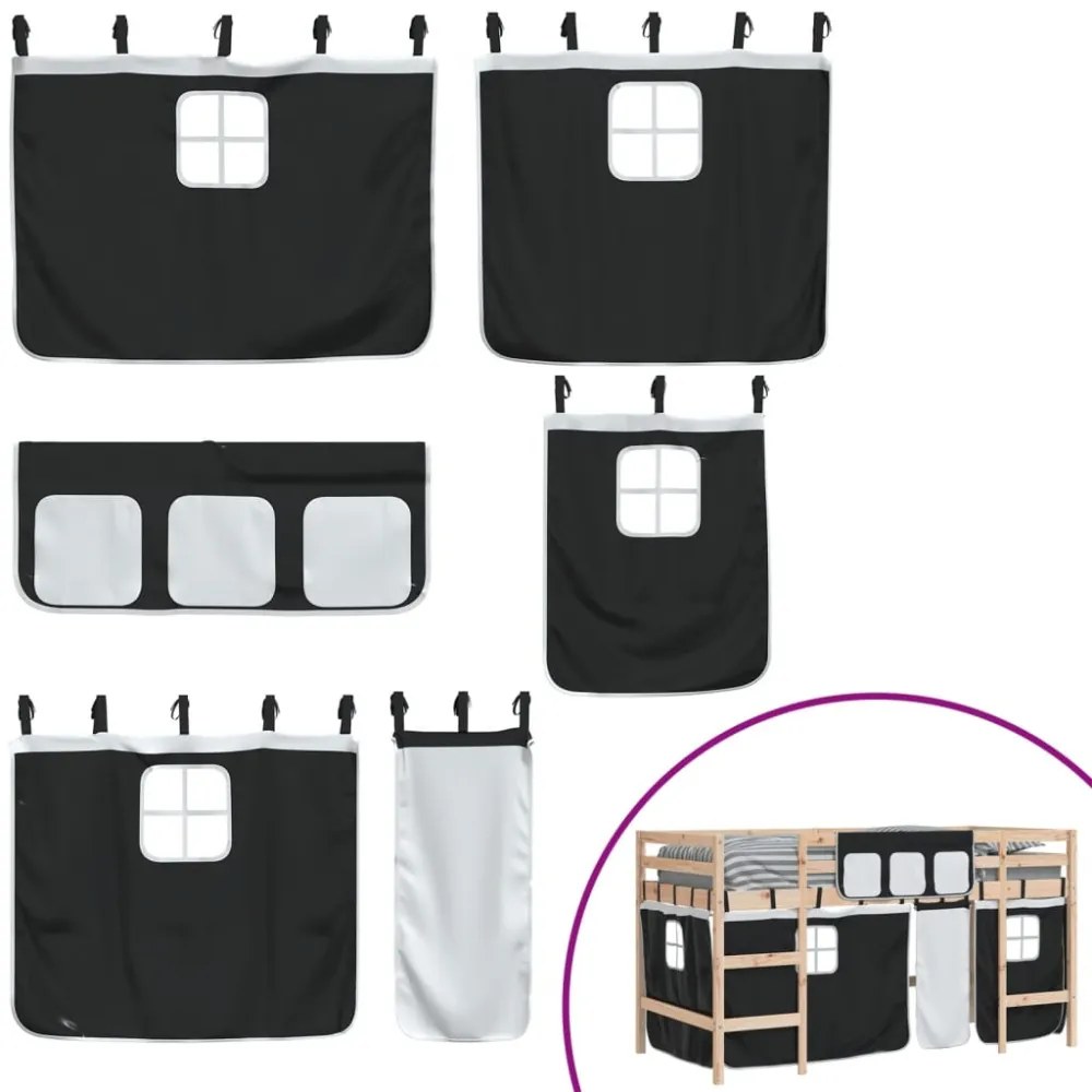 fehér-fekete tömör fenyő gyerek galériaágy függönnyel 90x190 cm