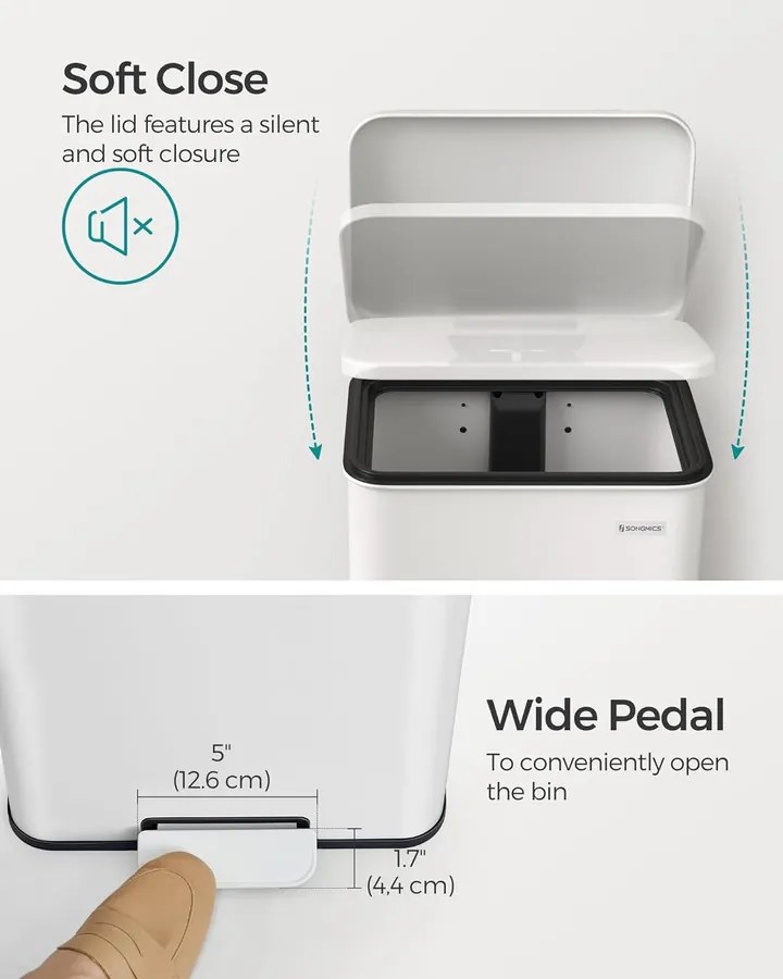 Konyhai Szemetes 40L, Nagy pedálos kuka 15 szemeteszsák mellékelve, Fehér
