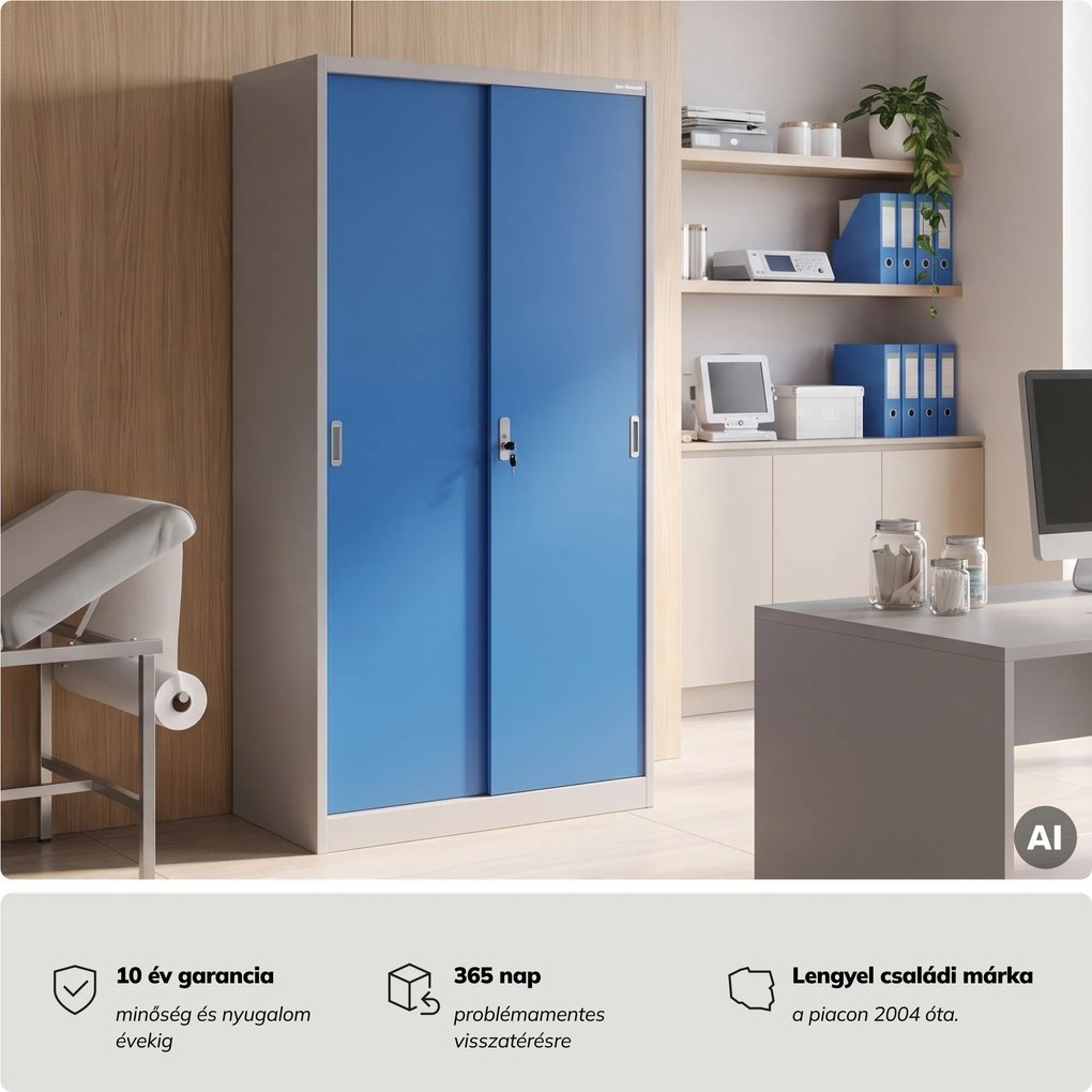 Fém irodai szekrény tolóajtókkal, szürke-kék, 900x1850x400 mm: KUBA