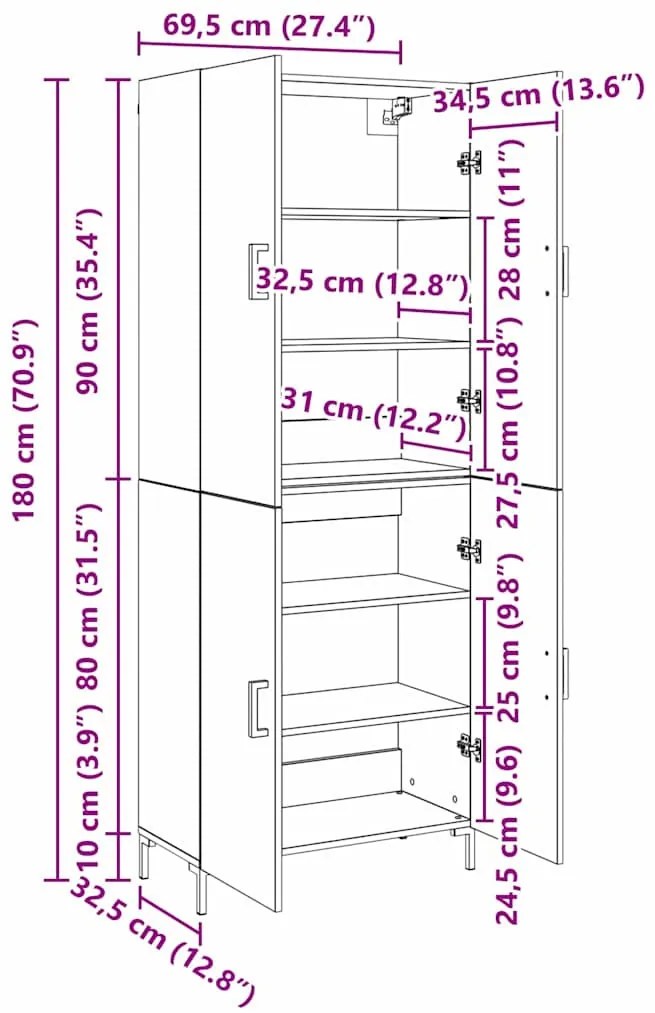 vidaXL Magasfiú kézműves tölgy 69,5 x 34 x 180 cm Faanyag