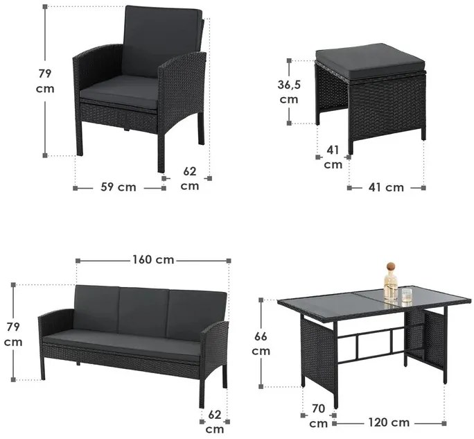 Juskys Turin rattan kerti bútor szett - fekete