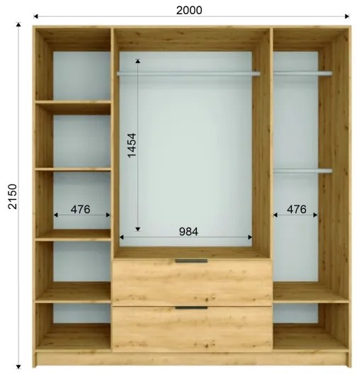 VISTA gardróbszekrény tükörrel, 200x215 cm, artisan tölgy/grafit