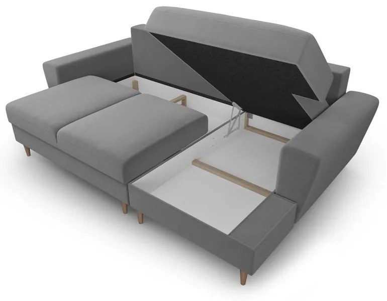 Világosszürke bársony kinyitható tárolóhelyes sarokkanapé (jobb oldali-heverő résszel) Kyoto – Cosmopolitan Design