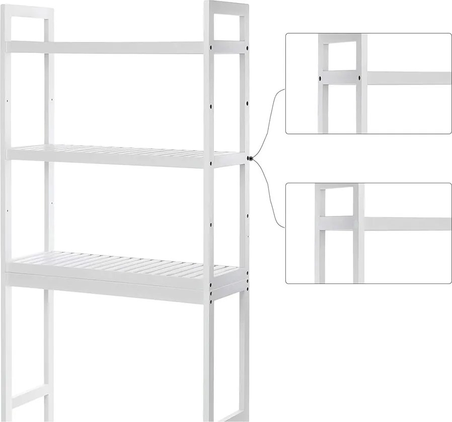 Mosógép feletti tárolószekrény, bambusz fürdőszoba szekrény, fehér 63x26x163cm