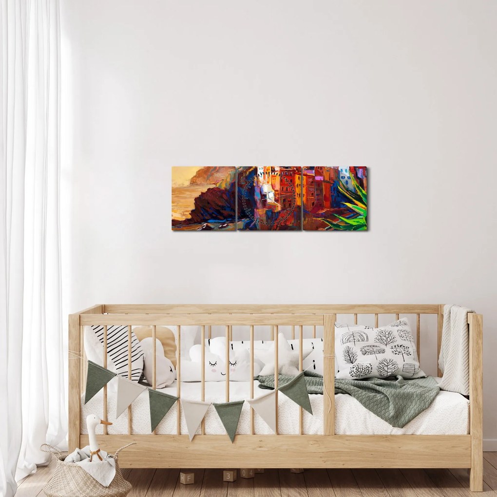 Kép - Falu Cinque Terre partján, az olasz riviérán, modern impresszionizmus (órával) (90x30 cm)