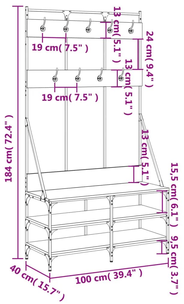 fekete ruhafogas cipőpolccal 100x40x184 cm