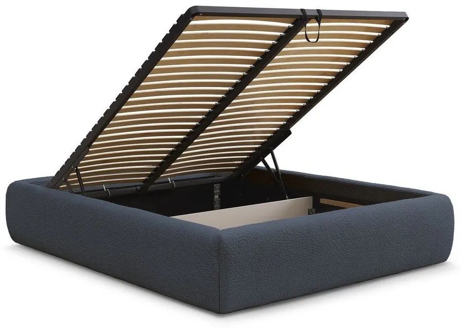 Sötétkék kárpitozott ágyneműtartós-ágytámla nélkül franciaágy ágyráccsal 160x200 cm Inera – Bobochic Paris