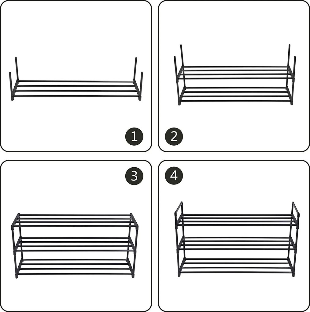 Cipőtartó állvány, 3 szintes 12-15 pár cipőhöz, 30 x 92 x 54 cm, fekete