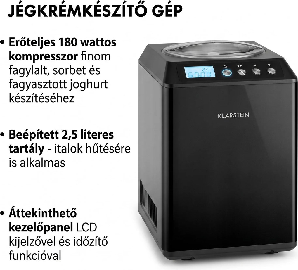 Klarstein Vanilly Sky Family, fagylaltgép, fagylalt- és fagyasztott joghurtkészítő gép, 250 W, 2,5 L, fekete