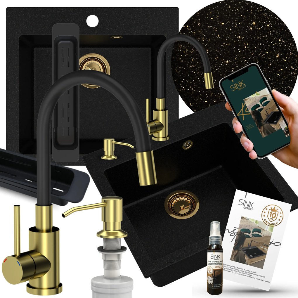 Gránit Mosogató Szett Egymedencés Arany Csaptelep Szifon Adagoló
