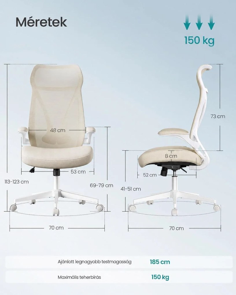 SONGMICS ergonomikus irodai szék fejtámlával, felhajtható kartámaszokkal, max. 150 kg, cappuccino bézs