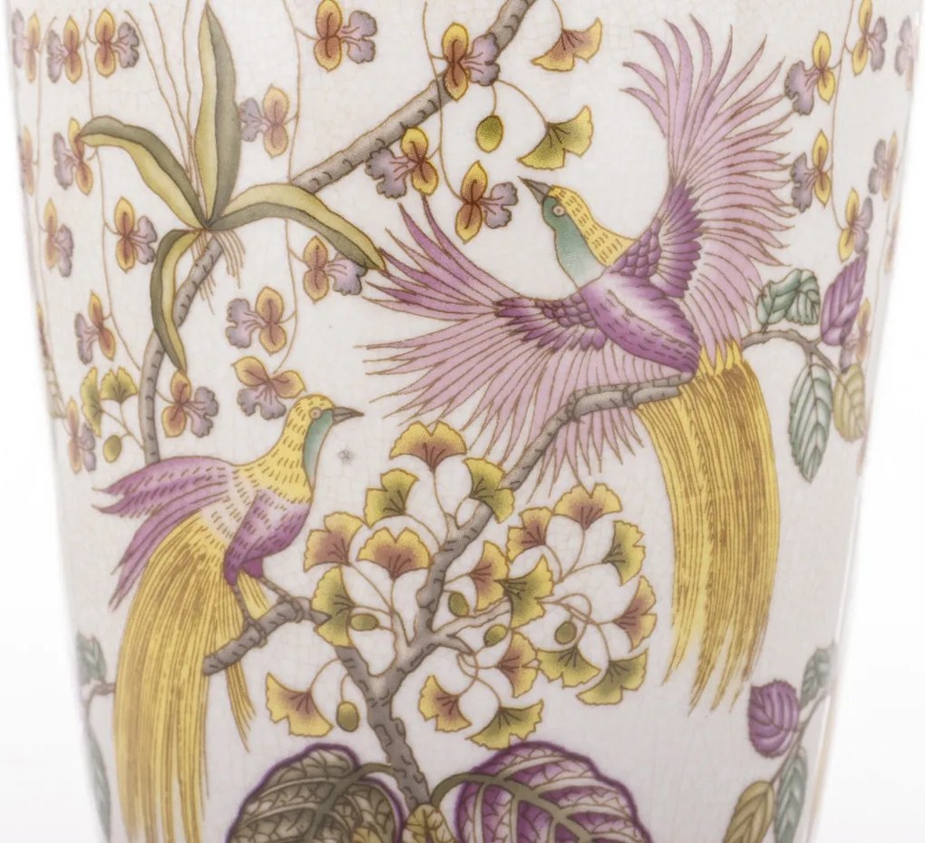 Törtfehér vintage szögletes porcelán virágtartó kaspó pávákkal festve 15x14x14cm