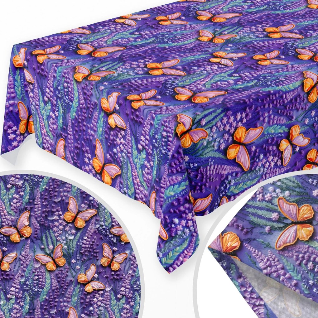Abrosz Plamoodporny 140x240 CM Asztalterítő Tavaszi Minta Virágok Levendula Pillangók 389