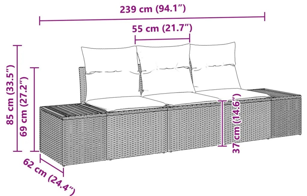3 darabos kert kanapé szett párnákkal, szürke, poly rattan