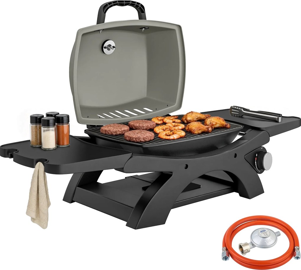 Outsunny 3,3 kW hordozható asztali gázgrill — 1 égő, összecsukható oldalsó polcok, öntöttvas rácsok, kivehető zsírfelfogó tálca és hőmérő — teraszra é