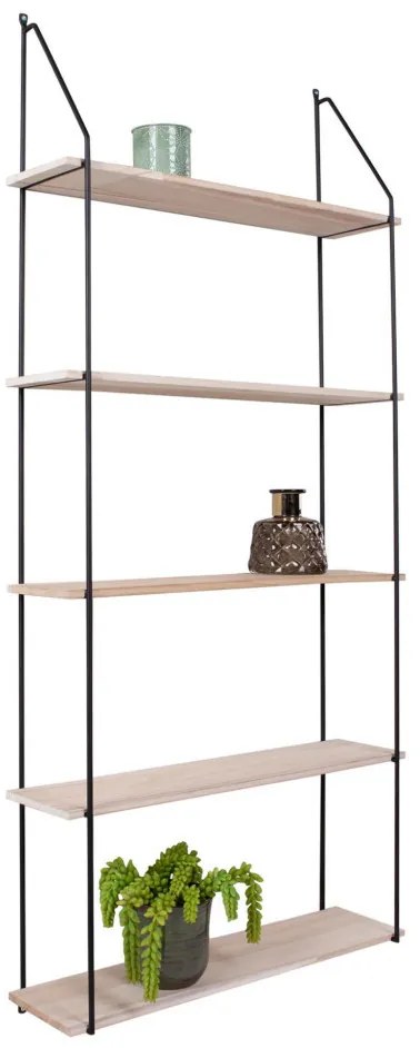 Eindhoven polc, 5 natúr fa polccal, fekete keret 65x17x145 cm