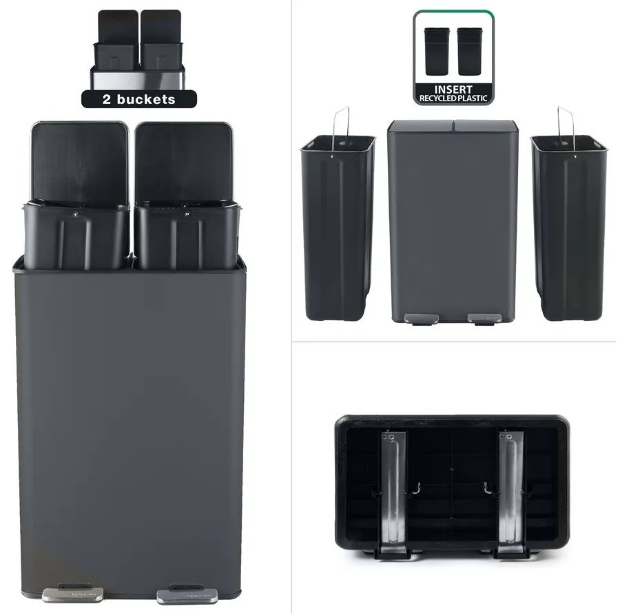 Sötétszürke acél szelektív pedálos szemetes 2x30 l Aliya – Spirella