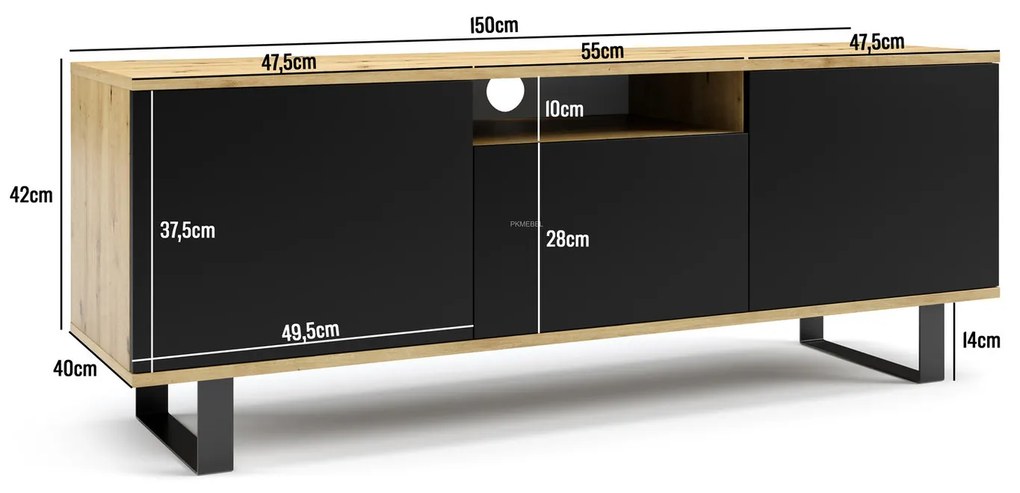 TV asztal RTV LOGAN 150 cm Artisan tölgy / Fekete