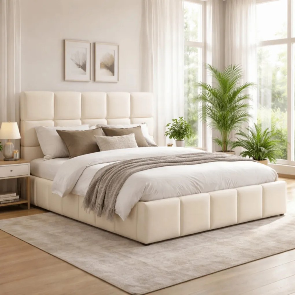 Ágy 140x200 cm méretben, ágyneműtartóval, krém színben, velúr kárpittal MURCJA