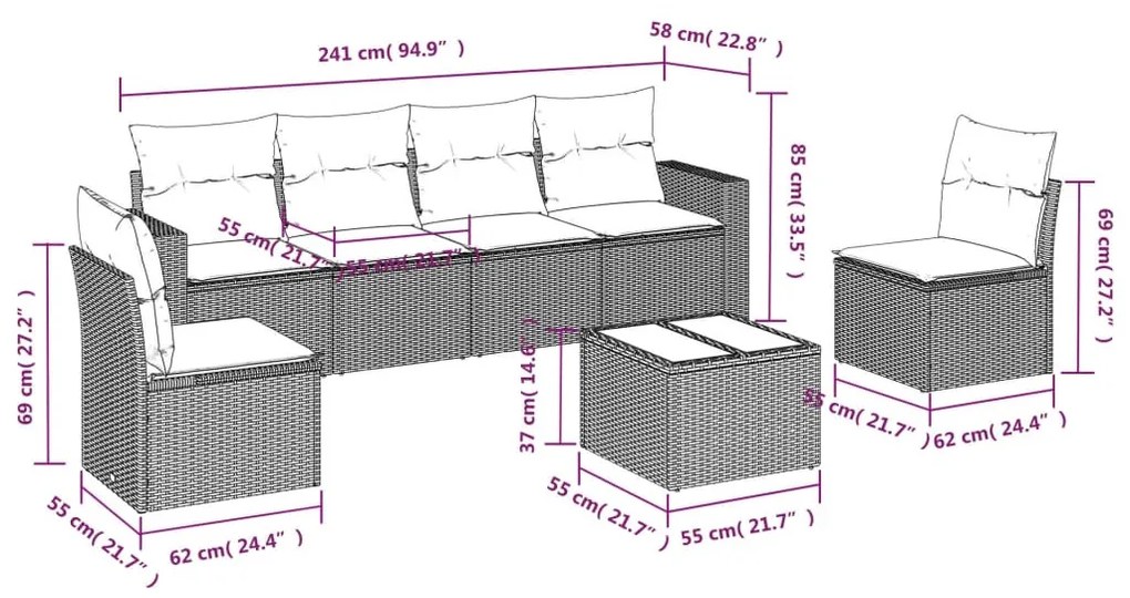 7 részes fekete polyrattan kerti ülőgarnitúra párnával