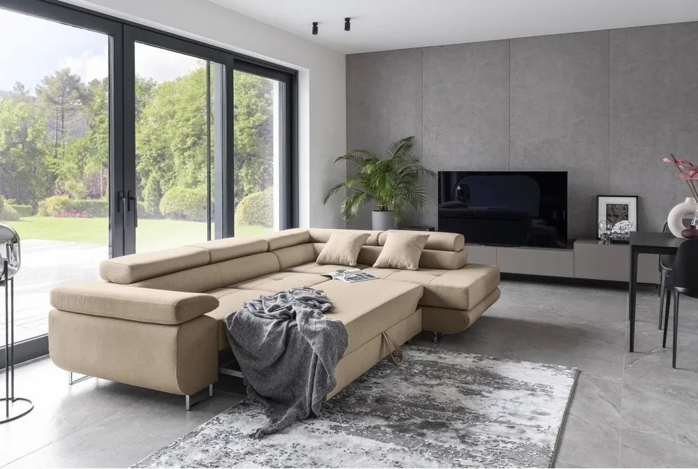 Bézs kinyitható-tárolóhelyes sarokkanapé (jobb oldali-L alakú) Anton – ELTAP