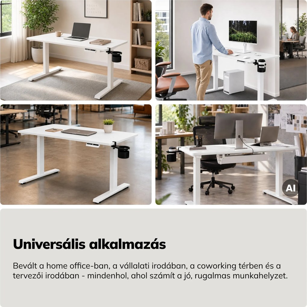 Elektromos, állítható magasságú, ergonomikus, fehér íróasztal,1200x600 mm: ARIA