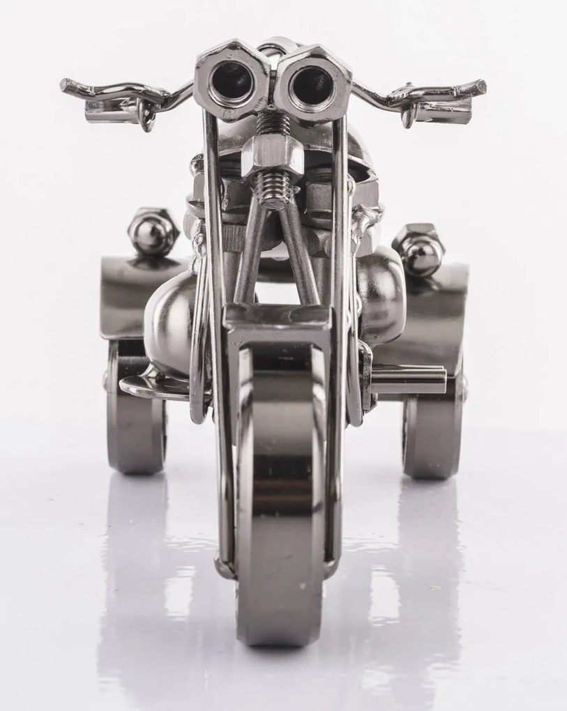 Industrial szürke fém 3 kerekű chopper trike motorkerékpár asztali dekoráció csapágy kerekekkel 9x17x7,5cm