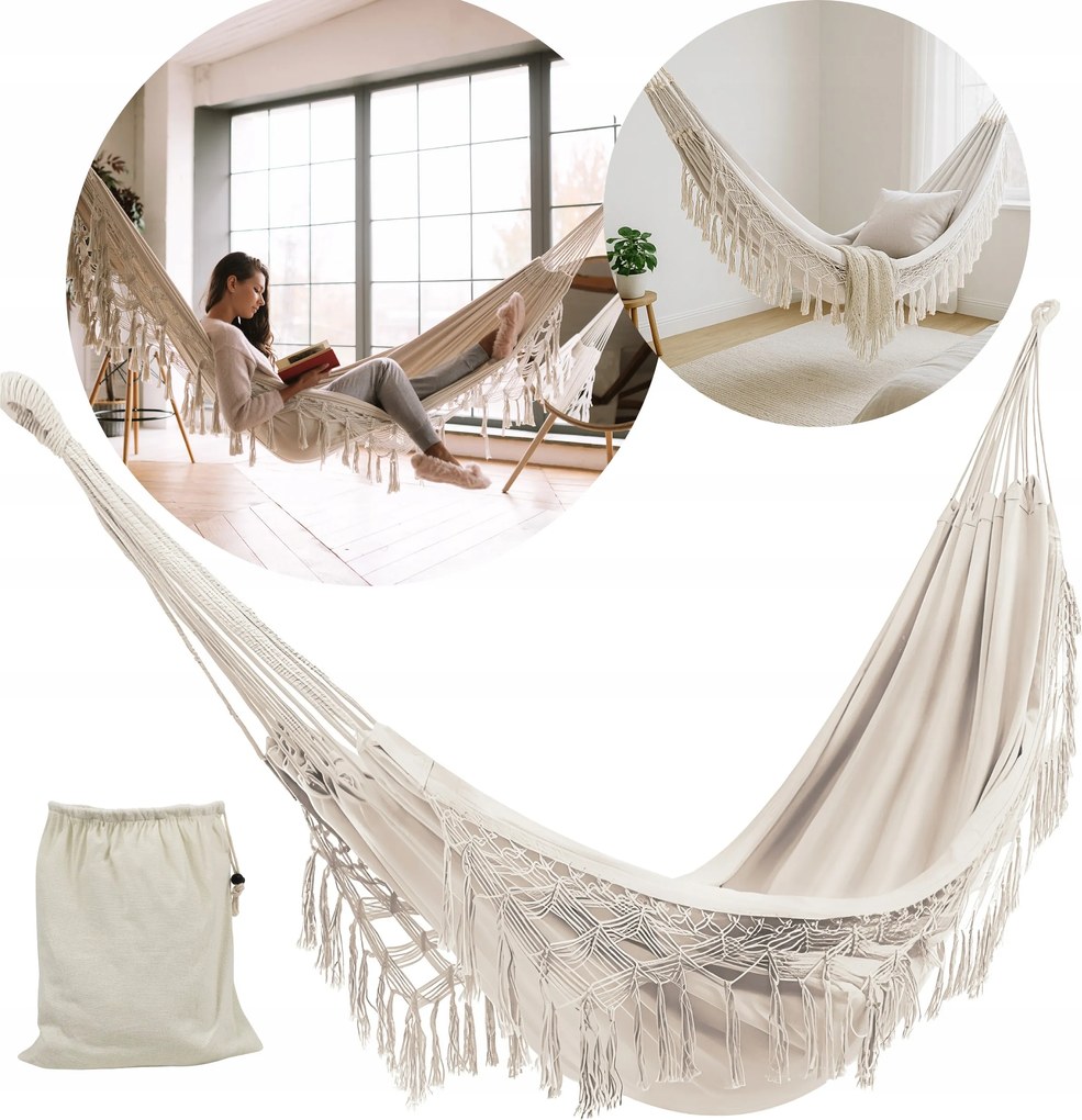 Nagy Boho Kerti Függőágy Rojtokkal, Utazó Függőágy Erkélyre, Világos Bézs