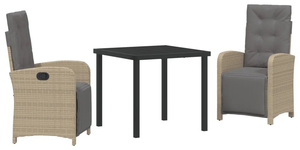 3 Darabos Kerti Étkezőszett Párnákkal Bézs Polyrattan, Kerti Asztal Fekete 80x80x73 cm Edzett Üveg