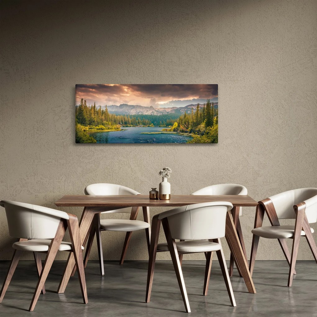Egy kép a hegyi folyó és a hegyek (120x50 cm)